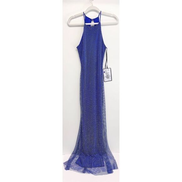 B Darlin‎ Halter Dress Size 5/6 Juniors Embellished Blue Maxi Gown NEW - Picture 2 of 9